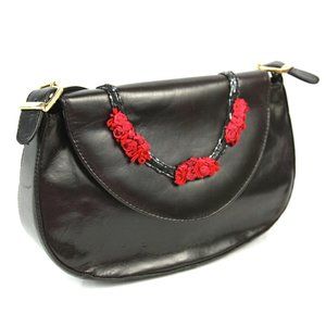 Vintage Y2K J Renee Beaded Satin Roses Faux Leather Small Handbag Purse Brown